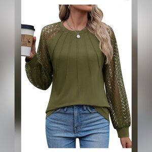 Olive Green Lace Sleeve Women's Top